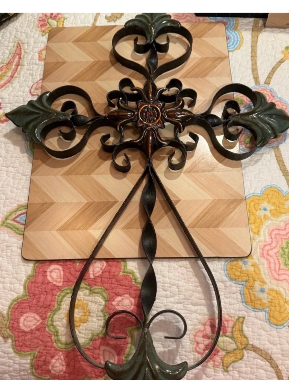 Metal Wall Cross - Rustic Scrollwork Decorative Cross in Black and Green